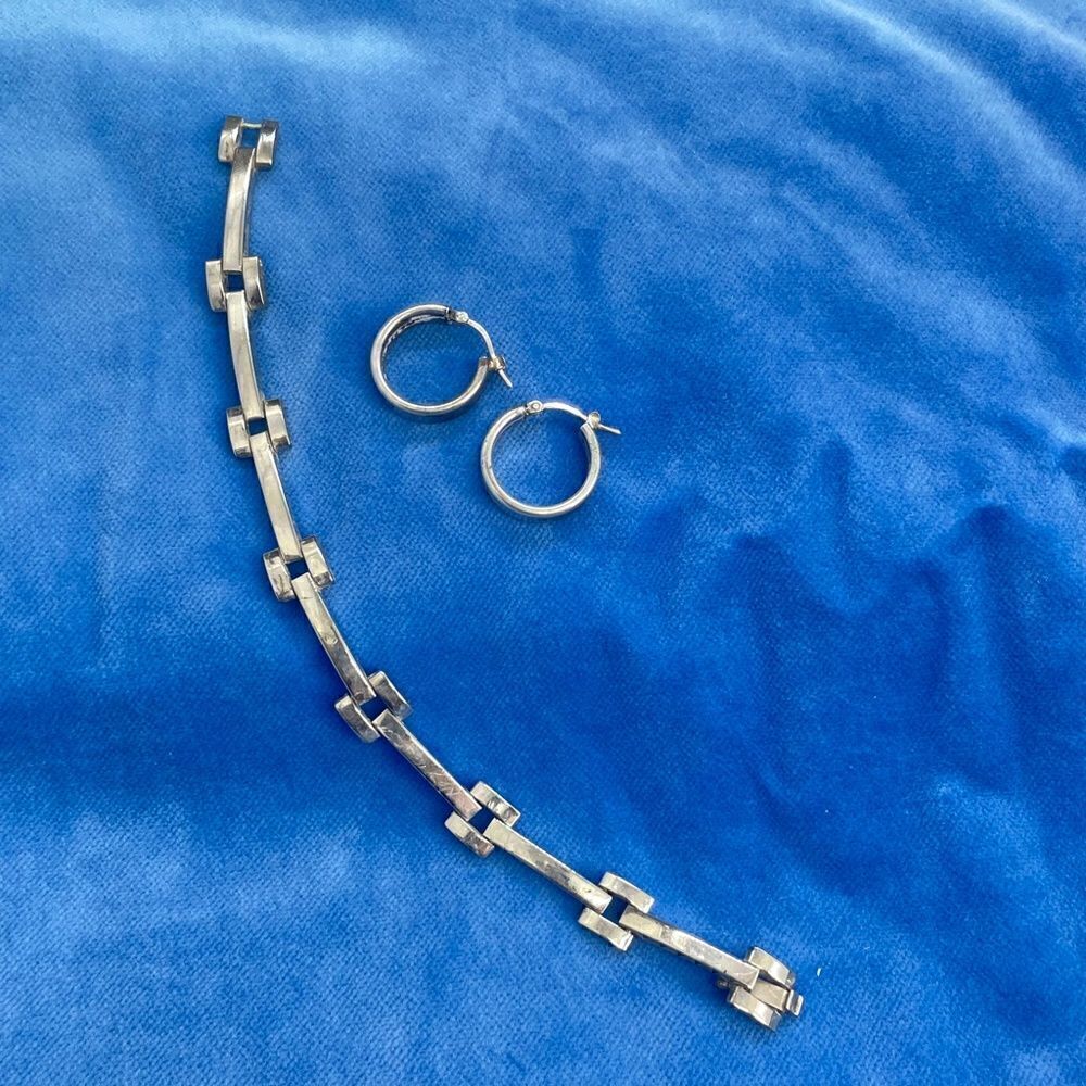 Silver bracelet and square edge open hoop earrings